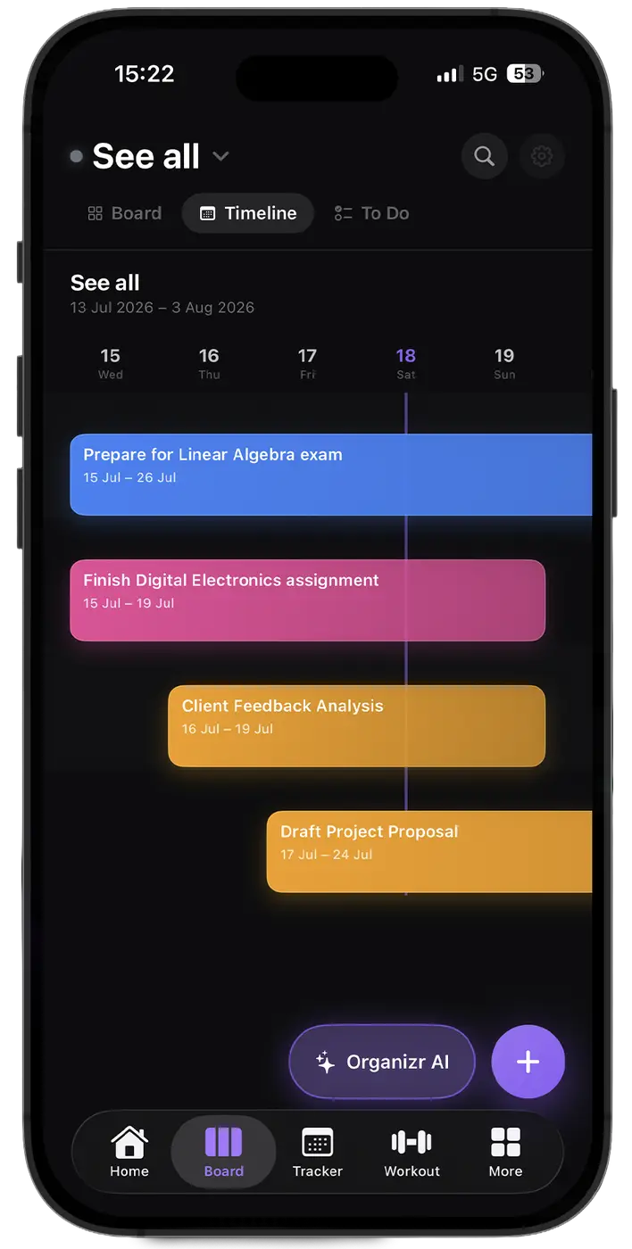 Personal kanban board in Organizr with task columns