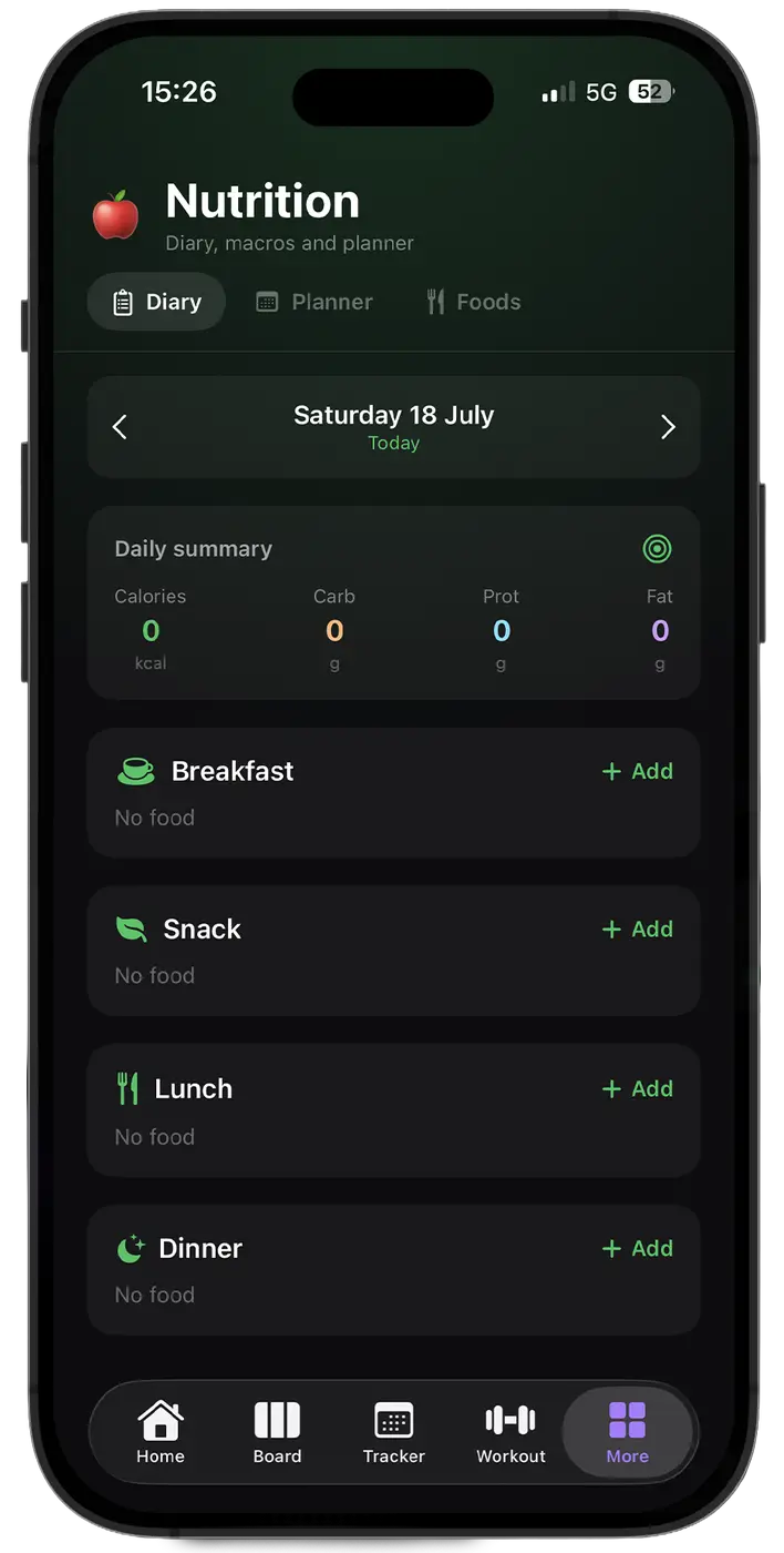 Food diary in Organizr with calories and macronutrients