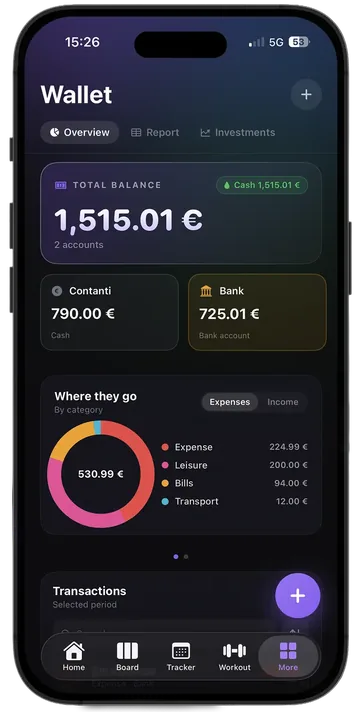 Wallet app on iPhone with balance and spending by category