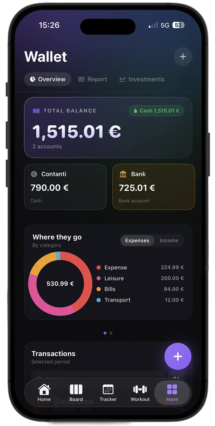 Organizr wallet with accounts, transactions and spending dashboard