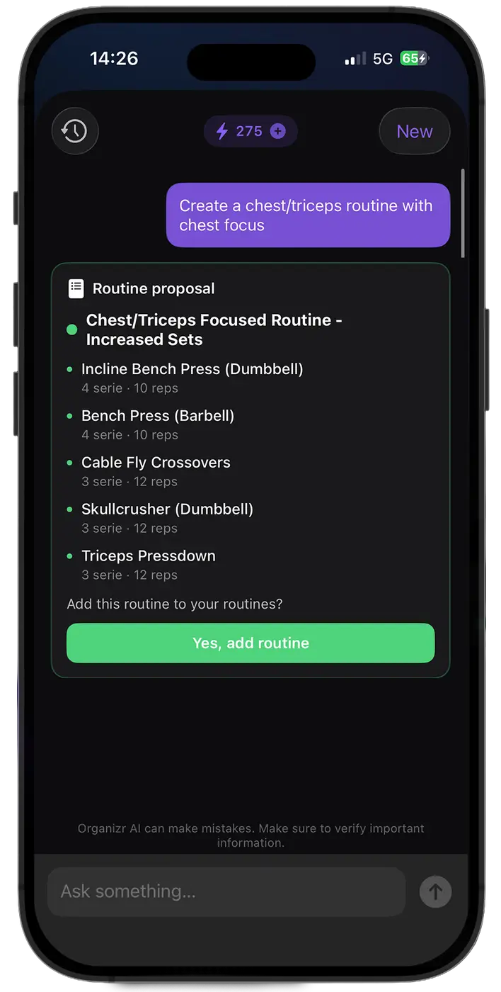 Exercise detail and personal records in the Organizr workout tracker