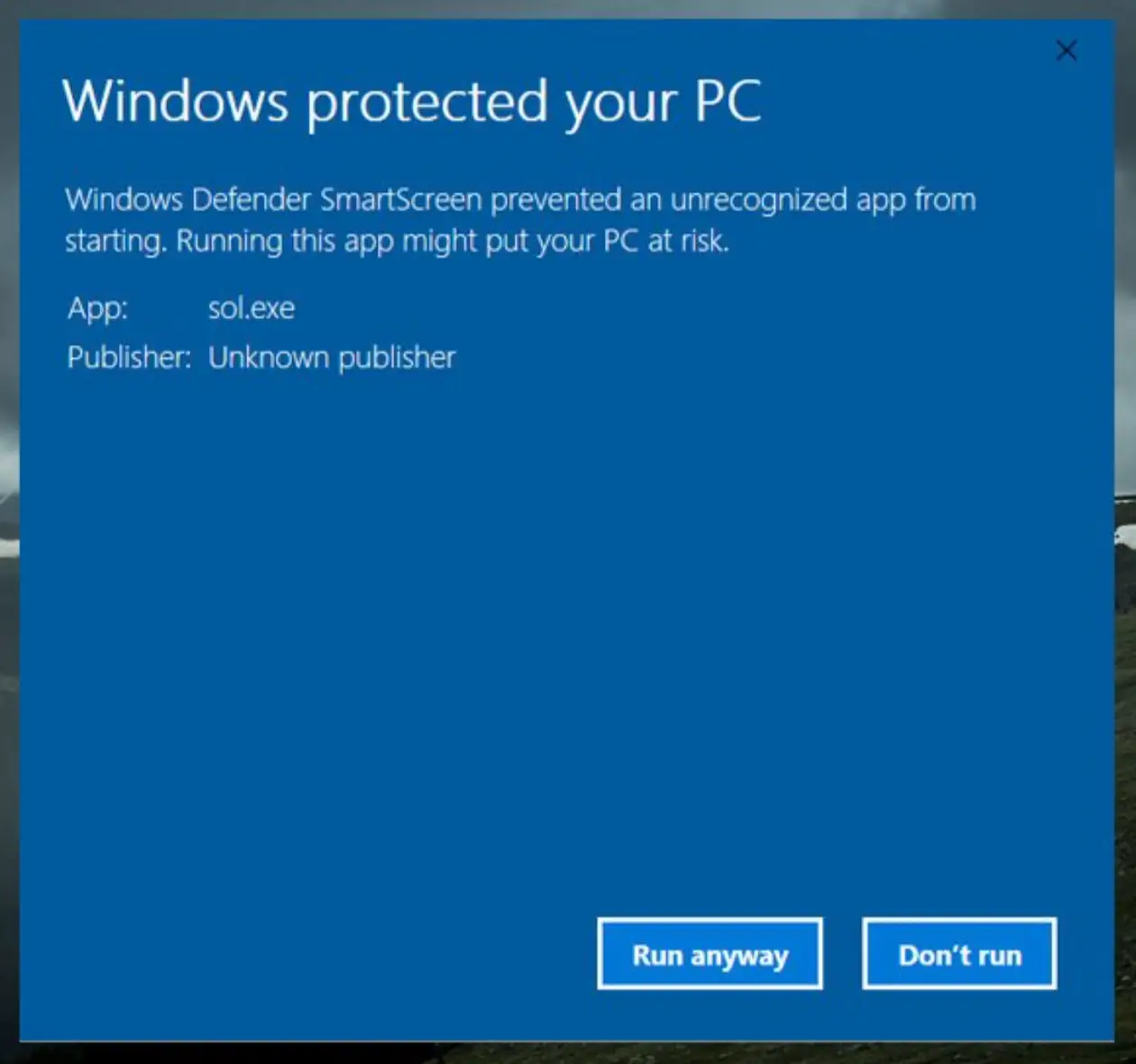 Windows Defender SmartScreen dialog — click More info