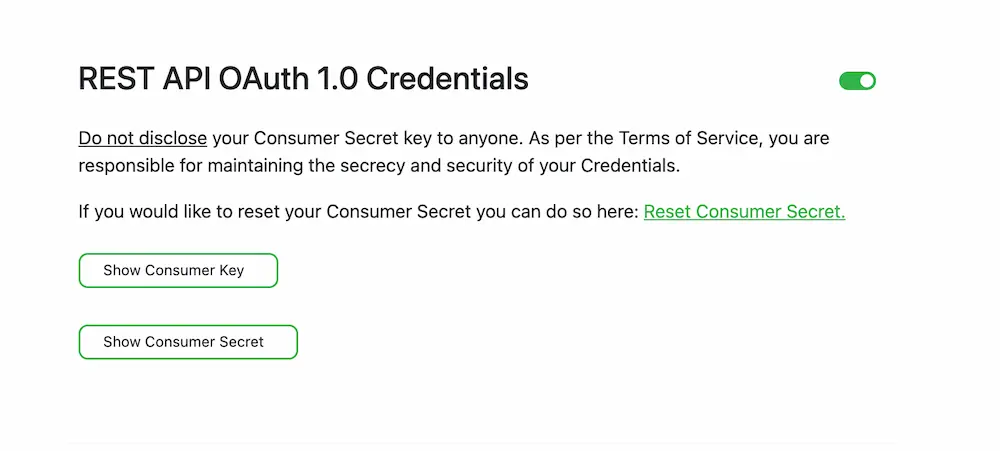 Enabled REST API OAuth 1.0 Credentials section in FatSecret Platform, with Show Consumer Key and Show Consumer Secret buttons